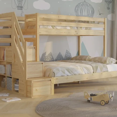Łóżko piętrowe Sen Trio sosna ze schodkami