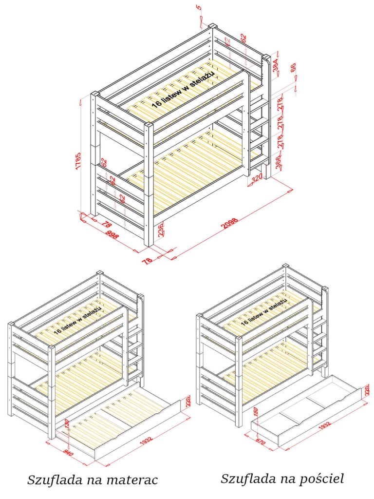 Sosnowe białe łóżko piętrowe Jan 14 wymiary lozka jan